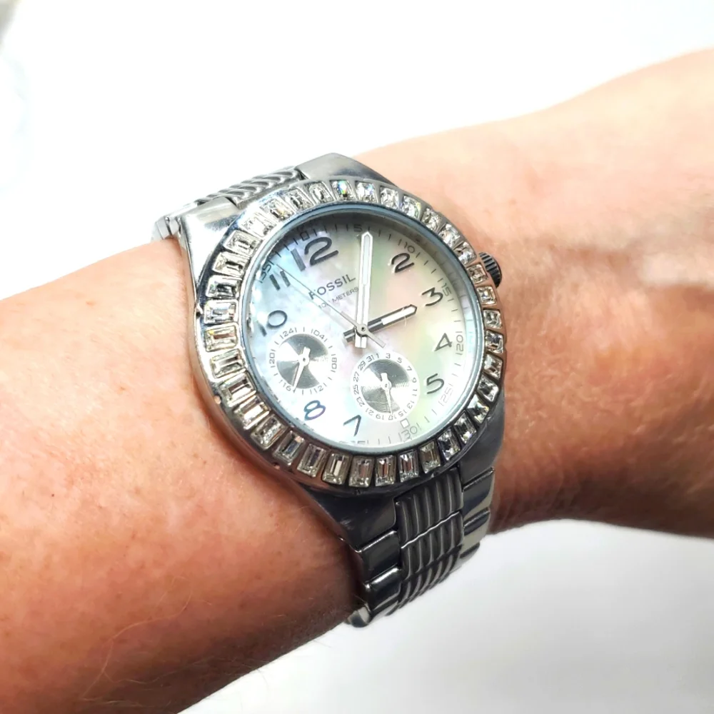 Fossil Watch BQ9360 Silver Steel Wristband Mother of Pearl Face Dual Subdial